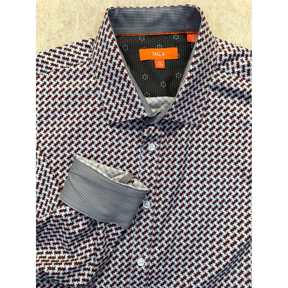 Tallia Dress Shirt Men XXL Red White Blue Geometric Long Sleeve Button Up